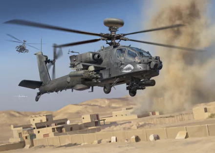 8K Ultra HD image of a Boeing AH-64 Apache attack helicopter flying over a desert military zone with another helicopter in the background.