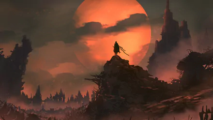 A fantasy warrior stands atop rocky terrain against a large, fiery sunset, surrounded by dark, jagged silhouettes of a mystical landscape in this HD PC desktop wallpaper.