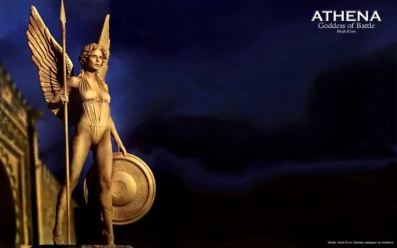 HD desktop wallpaper featuring an artistic living statue of Heidi Klum as Athena, the Goddess of Battle, holding a spear and shield against a dark sky background.