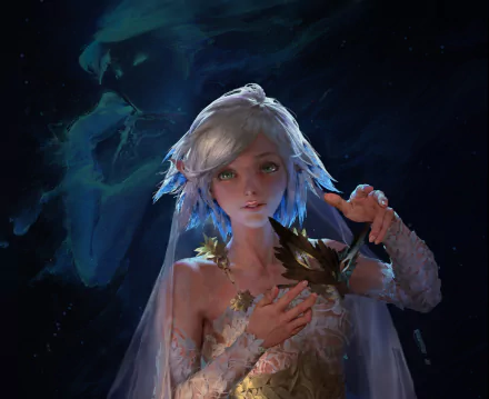 HD PC desktop wallpaper: white‑haired, short‑haired elf wearing a delicate mask and leaf‑adorned cloak, reaching forward against a dark, swirling fantasy starfield.