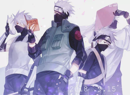 HD PC desktop wallpaper featuring Kakashi Hatake from the anime Naruto, showcasing three dynamic poses of the character with his signature mask and headband.