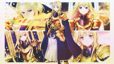 HD desktop wallpaper featuring Alice Zuberg from Sword Art Online: Alicization. The anime character is shown in various action poses with her sword, set against a vibrant background.
