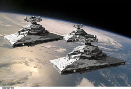 HD desktop wallpaper featuring three Star Destroyers from Star Wars, floating above a planetary surface with space in the background.