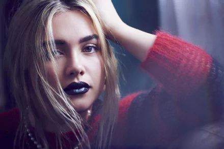Close-up of English actress Florence Pugh with blonde hair and dark lipstick, captured in a 4K Ultra HD desktop wallpaper.