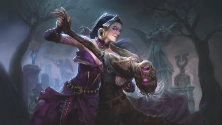 Liliana Vess, the necromancer sorceress from Magic: The Gathering, dances with a glowing-eyed zombie statue in a dark, eerie cemetery setting.