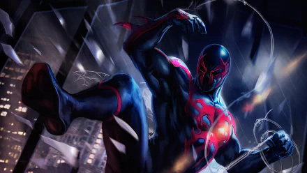 Spider-Man 2099 in dynamic pose swinging through a futuristic cityscape, rendered as a 4K Ultra HD comic-style PC desktop wallpaper.