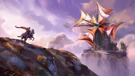 Fantasy HD PC desktop wallpaper: a lone rider on horseback atop a cliff surveys a towering windmill-building with red sails floating above misty clouds.