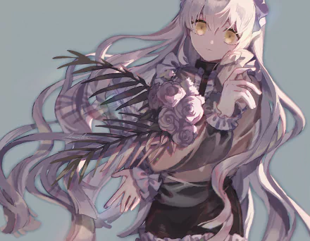 Anime original with long, flowing silver hair clutching roses and dark feathers, soft pastel tones, 2K Quad HD PC desktop wallpaper and background.