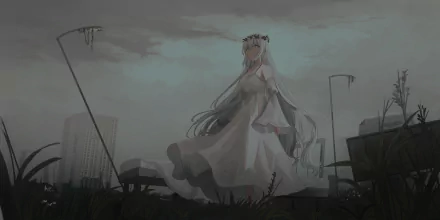 Anime original long-haired girl in a flowing white dress and flower crown standing amid a foggy, abandoned cityscape — 2K Quad HD PC desktop wallpaper/background.