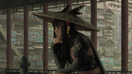 A fantasy-themed 4K Ultra HD wallpaper of an Asian woman with black hair wearing a traditional conical hat, set against a detailed urban background.