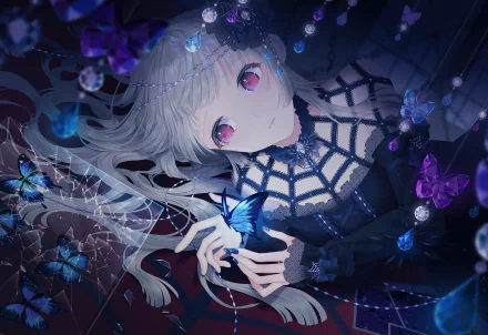 Anime-style original HD desktop wallpaper featuring a girl with white hair surrounded by glowing blue and purple butterflies in a dark, mystical setting.