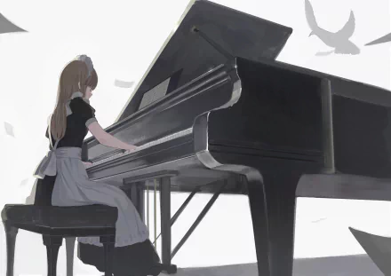 2K Quad HD PC desktop wallpaper: anime maid in a classic uniform seated at a grand piano, playing as sheet music and petals drift — a calm, musical background.