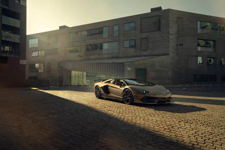 A brown Lamborghini Aventador SVJ supercar parked on a cobblestone street with modern buildings in the background, captured in 4K Ultra HD.