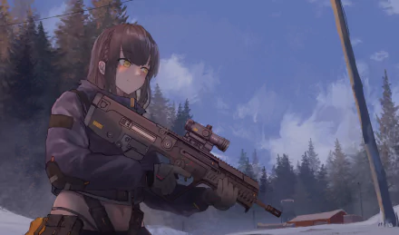 Anime-style original character holding a gun in a snowy forest setting, captured in 4K Ultra HD for a PC desktop wallpaper background.