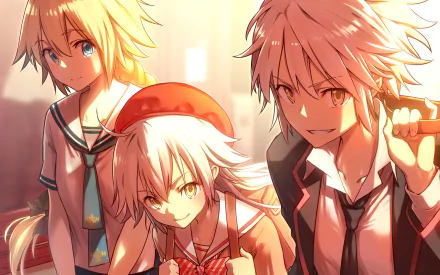 HD anime wallpaper featuring Fate/Grand Order characters Jeanne d'Arc Alter (Santa Lily), Lancer, Ruler, and Avenger in school uniforms with warm lighting.