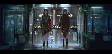 HD anime original PC desktop wallpaper featuring two girls standing side by side in a futuristic, dimly lit urban setting with the text ANOTHER DAY displayed.