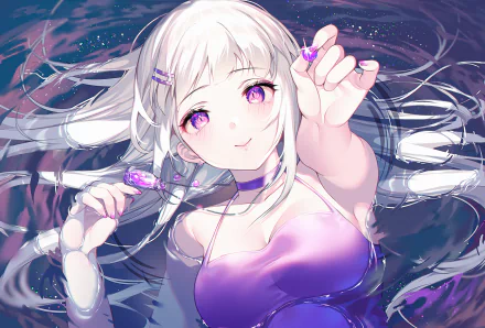 Anime-style HD desktop wallpaper featuring an original character with long white hair and violet eyes, reaching out with a gentle expression against a dark, shimmering background.