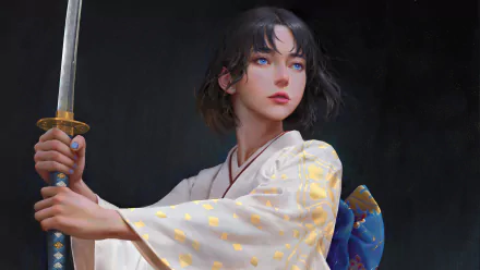 A blue-eyed Japanese woman warrior in a white kimono grips a katana, set against a dark background in this 4K Ultra HD fantasy PC desktop wallpaper.