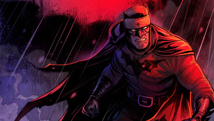 Stylized DC Comics Batman comic illustration: brooding hero in red-and-purple rain, cape billowing — 2K Quad HD PC desktop wallpaper/background.