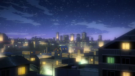 HD anime cityscape at night, showcasing glowing lights under a starry sky, designed as a vibrant PC desktop wallpaper background.