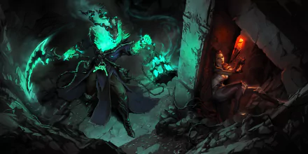 HD desktop wallpaper featuring Thresh from League of Legends in a dark, eerie environment, with a person holding a torch nearby, linked to Legends of Runeterra.