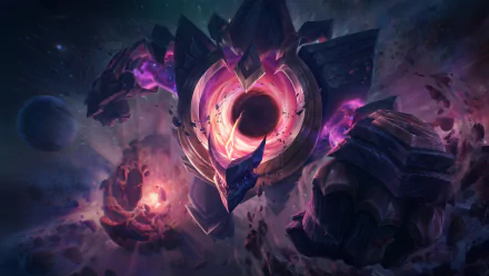 HD PC desktop wallpaper of Malphite from League of Legends: a colossal cosmic stone titan with a glowing purple core drifting among shattered asteroids, video game background art.