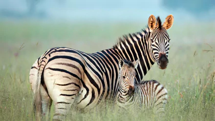 HD desktop wallpaper featuring a zebra foal standing close to its mother in a grassy field, showcasing the natural beauty of baby animals and zebras.
