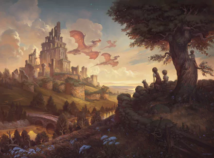 A fantasy HD desktop wallpaper featuring a child sitting under a large tree, overlooking ancient ruins with dragons soaring in the sky.