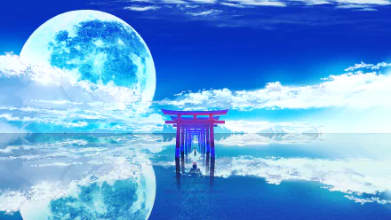 HD anime wallpaper depicting a torii gate leading to a shrine, set against a massive full moon and serene water reflections, under a vast blue sky with clouds.