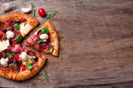  Pizza with Mushrooms, Olives and Meat on a Wooden Board by Bruno Marques Bru