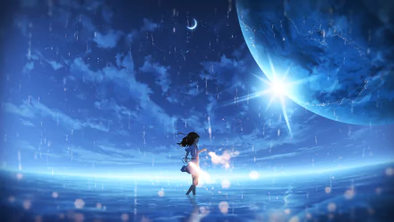 An HD anime wallpaper featuring a girl in a dress standing in water under the rain with a moon and a large celestial body in the background.