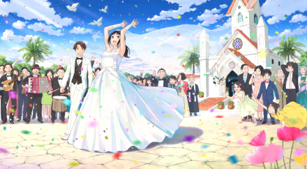 Anime couple in wedding attire celebrates outdoors with guests near a white church, under a bright blue sky, creating a vibrant HD desktop wallpaper scene.
