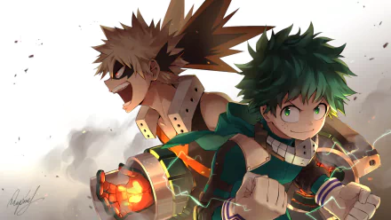 HD desktop wallpaper featuring Izuku Midoriya and Katsuki Bakugou from the anime My Hero Academia in dynamic, action-ready poses.