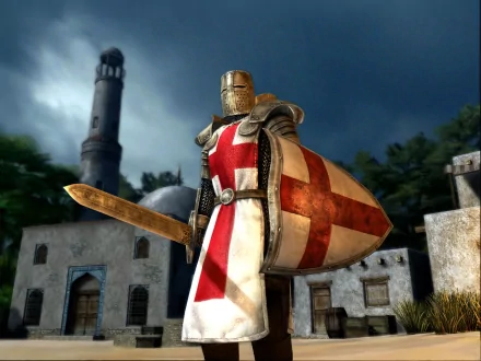 HD PC wallpaper of a Templar knight from Assassin's Creed: armored crusader with red cross on shield and tabard, sword raised, standing before a medieval coastal town and watchtower.