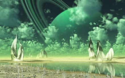 A Sci-Fi HD desktop wallpaper featuring an otherworldly landscape with alien flora, a green sky, a planet with rings, and reflective water.