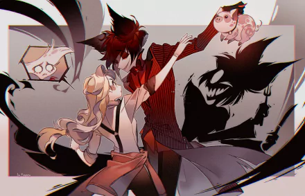 A dynamic HD wallpaper from the TV show Hazbin Hotel, featuring characters in an engaging dance amidst striking shadows and playful designs, creating a captivating visual experience.