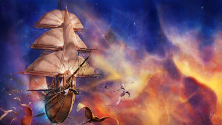 HD PC desktop wallpaper: a space‑fantasy sailboat ship with billowing sails gliding through colorful nebula clouds, glowing stars, and drifting cosmic light.
