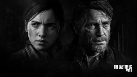 Black and white 4K Ultra HD wallpaper featuring Joel and Ellie from the video game The Last of Us Part II, highlighting their intense and weathered expressions.