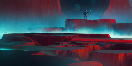 An HD sci-fi desktop wallpaper featuring an astronaut exploring a surreal, red and blue alien landscape.