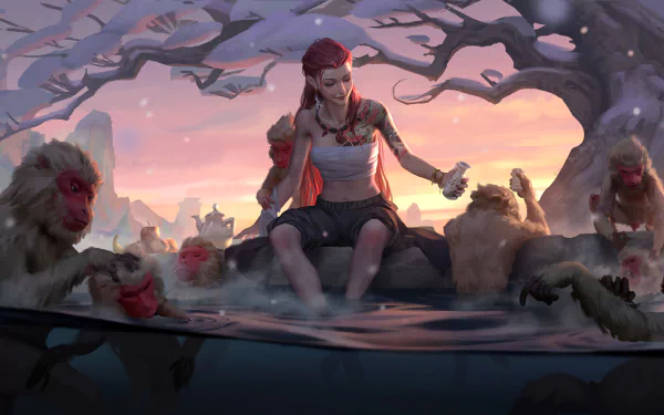 A red-haired female monk with tattoos sits peacefully in water surrounded by monkeys, set against a fantasy sunset landscape in this HD PC desktop wallpaper.