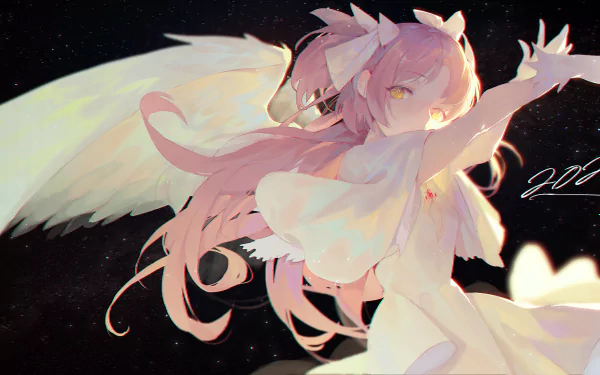 HD PC desktop wallpaper featuring Madoka Kaname from the anime Puella Magi Madoka Magica, depicted with flowing pink hair and angelic wings against a starry background.