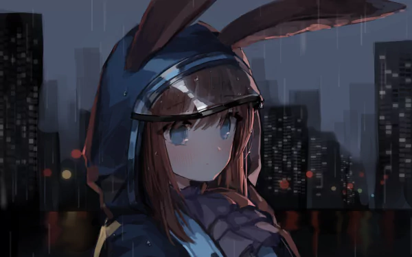 HD wallpaper featuring Amiya from Arknights, with brown hair and aqua eyes, wearing a raincoat with animal ears, standing in the rain at night with a cityscape in the background.