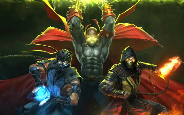 4K Ultra HD PC desktop wallpaper featuring Spawn from Marvel Comics alongside Mortal Kombat 11 fighters Scorpion and Sub-Zero in dynamic action poses.