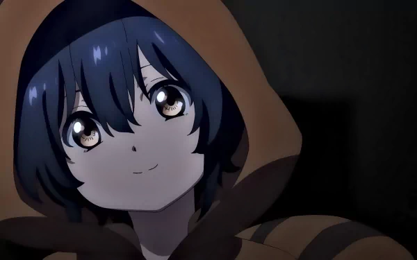 Miu Takigawa anime — hooded blue-haired girl with golden eyes smiling in a dark scene. 2K Quad HD PC desktop wallpaper. Tag: 227.