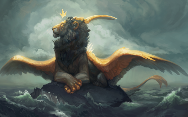 Fantasy Lion Fantasy Animals Wings Horns Ocean Wave Cloud HD Wallpaper | Background Image