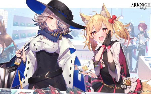 4K Ultra HD PC desktop wallpaper featuring two female characters from the video game Arknights in a bright, detailed indoor setting.