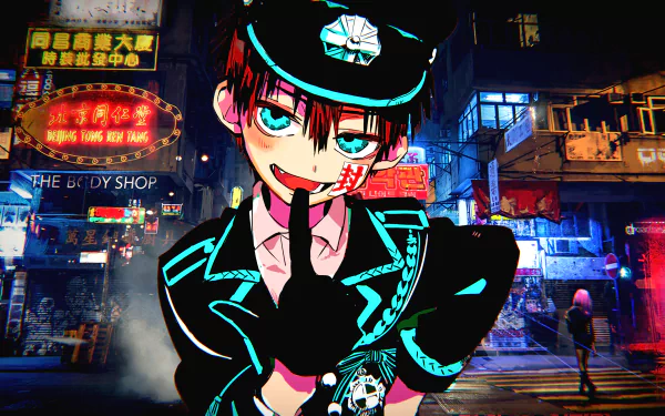 4K Ultra HD anime city wallpaper featuring Hanako-kun from Toilet-bound Hanako-kun, standing confidently in a neon-lit urban night scene.