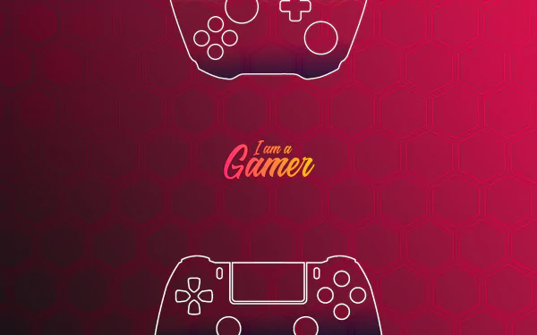 4K Ultra HD PC desktop wallpaper featuring outlined video game controllers and the phrase I am a Gamer on a red hexagonal patterned background.