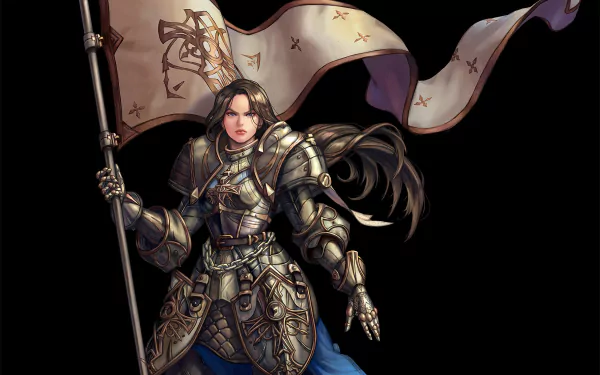 A fantasy knight resembling Joan of Arc with long brown hair, clad in detailed armor, holding a banner against a dark background in HD quality.