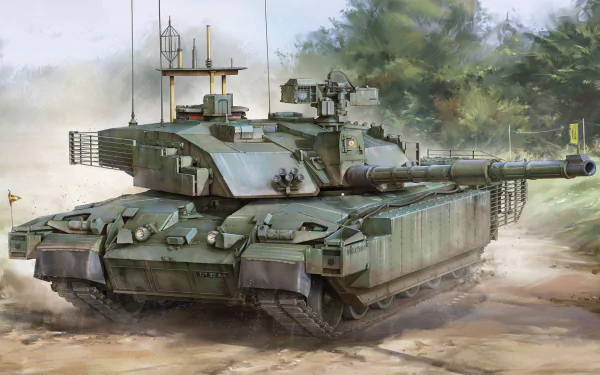 HD desktop wallpaper featuring a detailed digital illustration of a Challenger 2 military tank in a dusty, wooded environment.